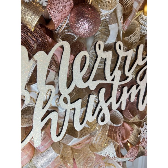 Christmas Snowflake Holiday Ribbon Door Wreath Handmade 22 ins LED W43 Gold - Picture 6 of 12